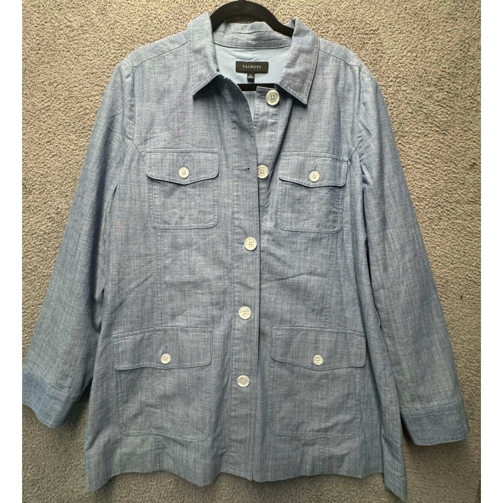 Talbots Utility Jacket XL Blue Cotton Safari Button Front Pockets Lightweight